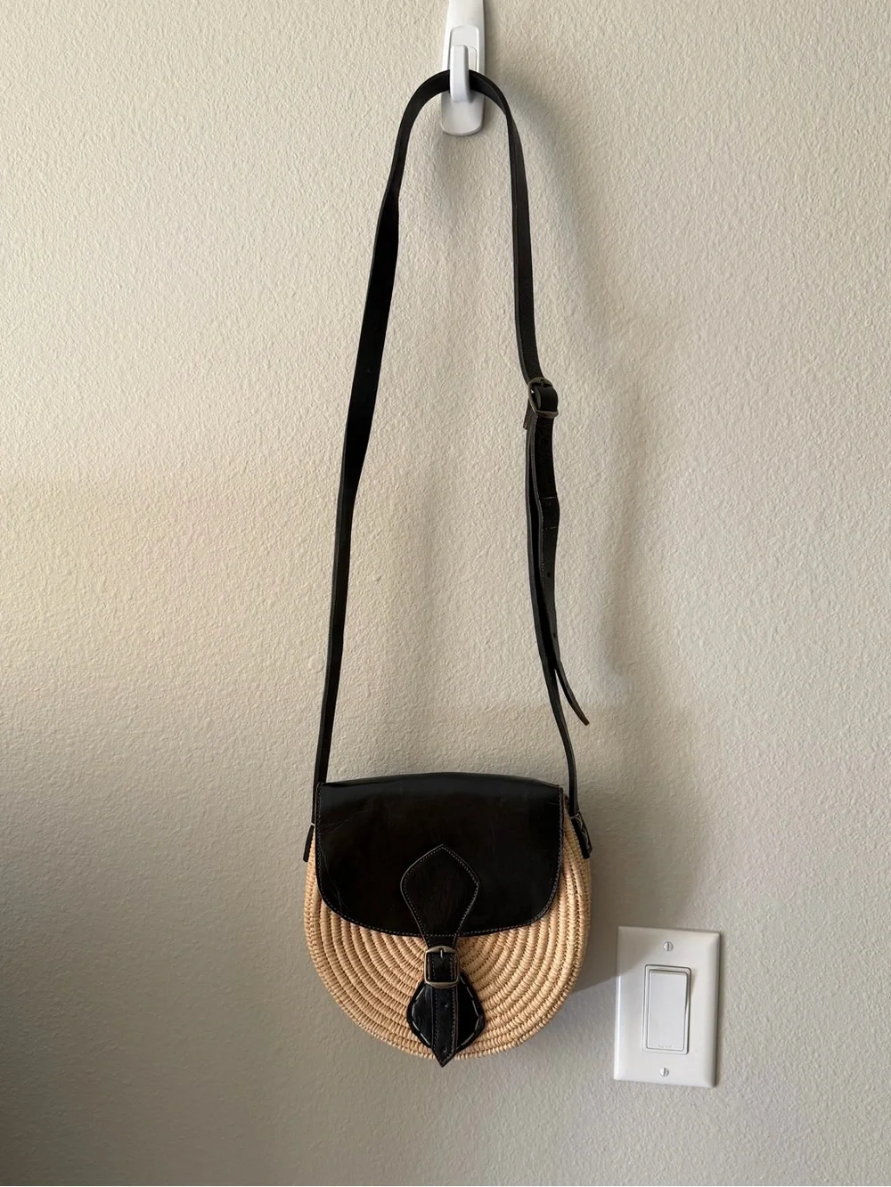 Moroccan Woven Round Crossbody Bag with Black Leather Flap